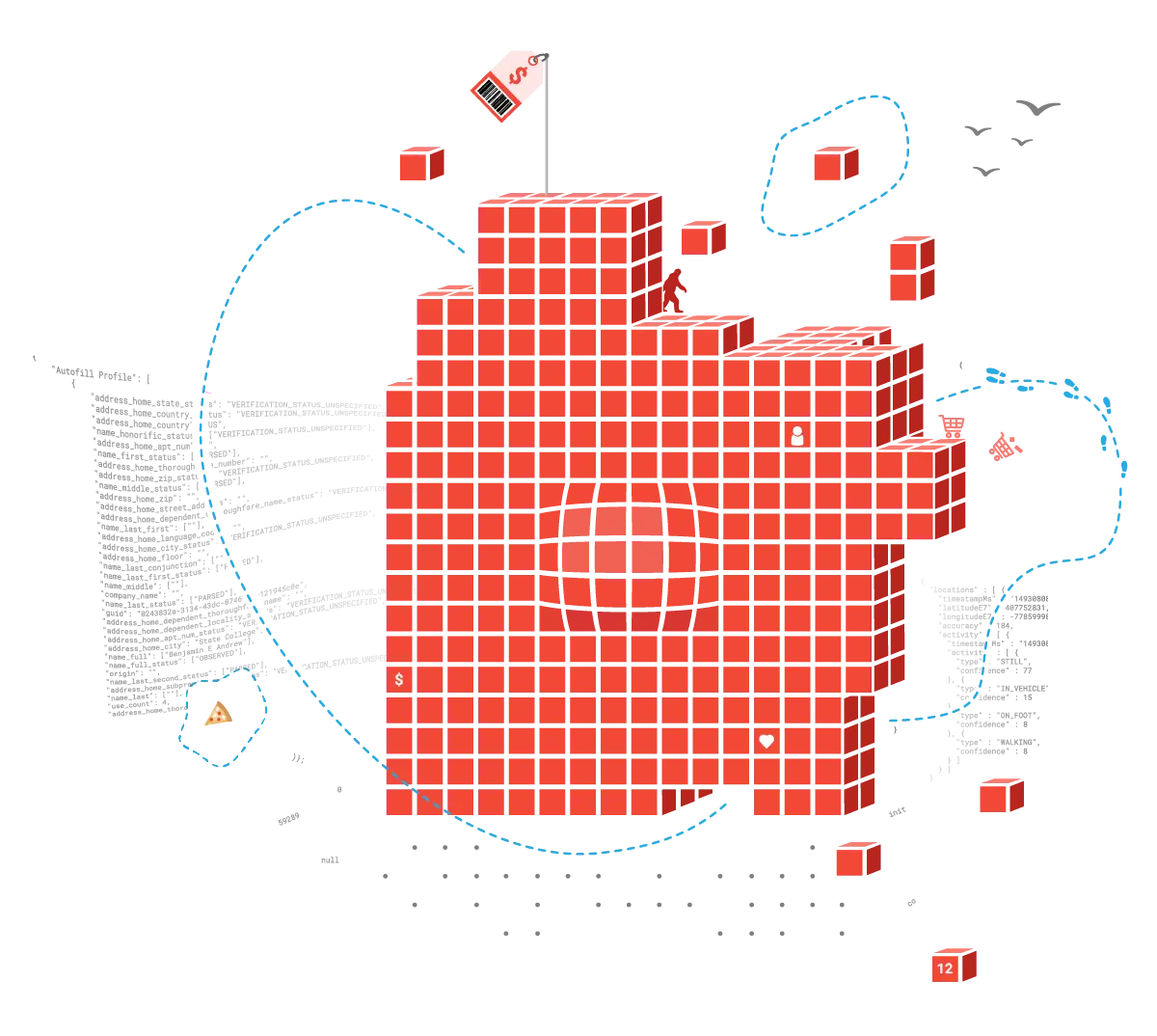 illustration of blocks and code conjoining into a giant shape